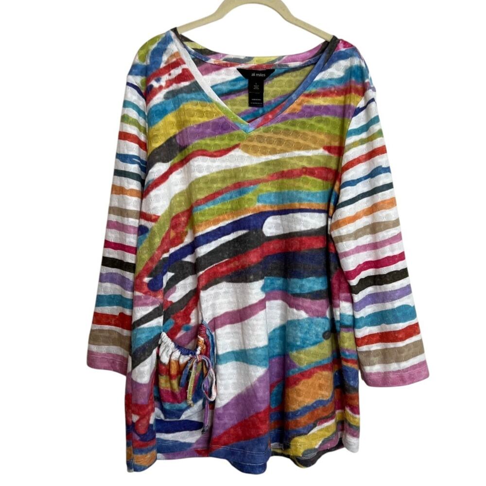 Ali Miles Womens Artsy Tunic L Multicolor Abstract Print Textured Knit Sweater